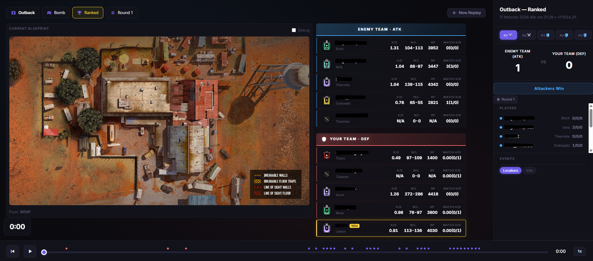 R6 Replay Viewer interface with blueprint and statistics